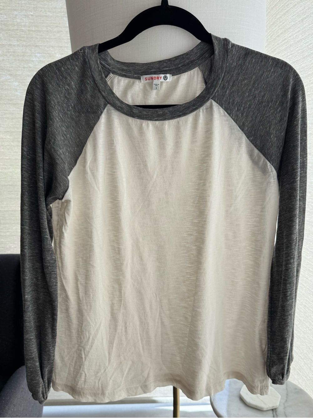 Sundry Two-Tone Raglan Long Sleeve Top - Cream & Charcoal Heather